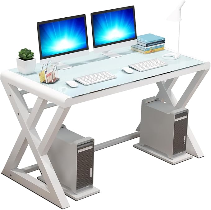 IPKIG Tempered Glass Computer Desk Modern Study Office Desk with Metal Frame and Glass Top Writing Study Desk Table Gaming Desk for Home Office Workstation (White 55.1 Inch)