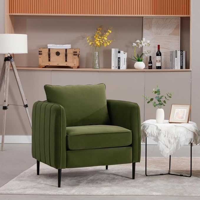 Velvet Accent Chair Mid-Century Modern Armchair with Metal Legs Single Sofa Chair for Living Room Bedroom Office Reading Includes Pillow (Green + Steel + Velvet + Wood + 1 Seat + Foam)