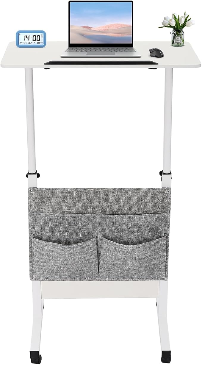 Adjustable Height Standing Desk Portable Mobile Laptop Desk Rolling Computer Stand w/Storage Bag and 360° Swivel Wheels for Small Spaces and Home Offices (White Adjustable Height:32-47in)