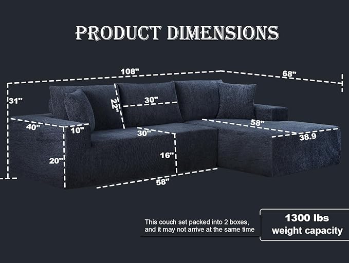 108-Inch Boneless Couch Cloud Sectional Sofa for Living Room No Assembly RequiredCloud Sectional Couch with L-Shaped Chaise 2 Pieces Sectional Sofa with Deep Seat (Navy Blue Right Facing Chaise)