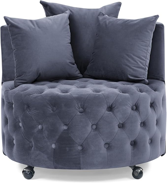 LLS Swivel Barrel Chair Velvet Accent Barrel Chair with 3 Pillows and 4 Wheels 360 Degree Sofa Chair Modern Button Tufted Upholstered Accent Chair for Living Room Bedroom Gray