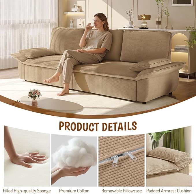 94.5 Pull Out Couch King Size Futon Sofa Bed 3-in-1 Convertible Sleeper Sofa Bed with Cushion Armrest Modern Corduroy Loveseat Couches for Living Room Small Space Apartment Camel
