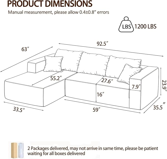 92.5 Modular Sectional Sofa L-Shaped Cloud Couch with Deep Seat &amp Chaise Premium Corduroy Boneless Couches for Living Room/Bedroom/Small Space No Need Assembly - Beige