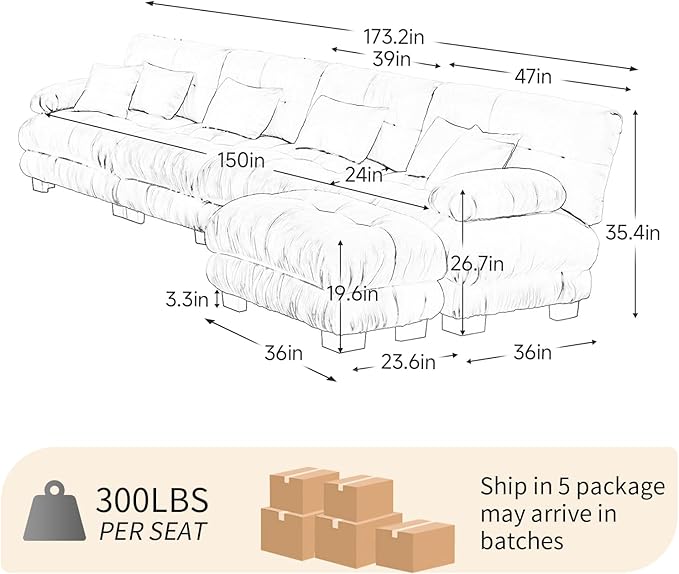 173.2 Deep Seat Modular Sofa Set Chenille Fabric Large Sectional Couches for Living Room 4 Seater Modern Cloud Couch with 1 Ottoman for Apartment or Bedroom L Shaped White