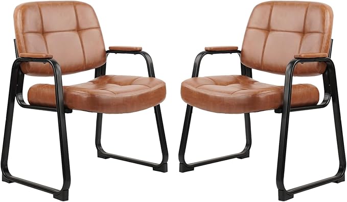 CLATINA Big &amp Tall 500 lb Waiting Room Chairs with Padded Armrests and Sled Base Leather Stationary No Wheels Office Reception Guest Chair for Lobby Home and Meeting Conference Brown (2 Pack)