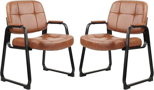CLATINA Big &amp Tall 500 lb Waiting Room Chairs with Padded Armrests and Sled Base Leather Stationary No Wheels Office Reception Guest Chair for Lobby Home and Meeting Conference Brown (2 Pack)