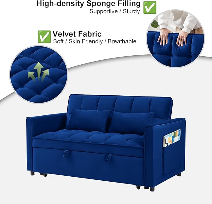 3 in 1 Convertible Sofa Bed Pull Out Couch with Adjustable Backrest Velvet Sleeper Sofa Loveseat with Pillows and Side Pockets for Living Room Bedroom Apartment Blue