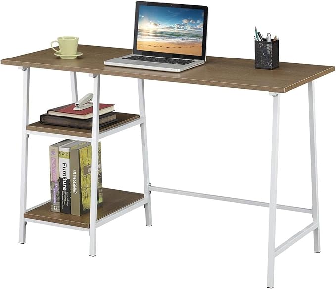 Beauty Trestle Desk Driftwood/White Modern Home Office Desk 2 Shelves Durable Particleboard &amp Metal Versatile Workspace for Any Decor Quick Assembly
