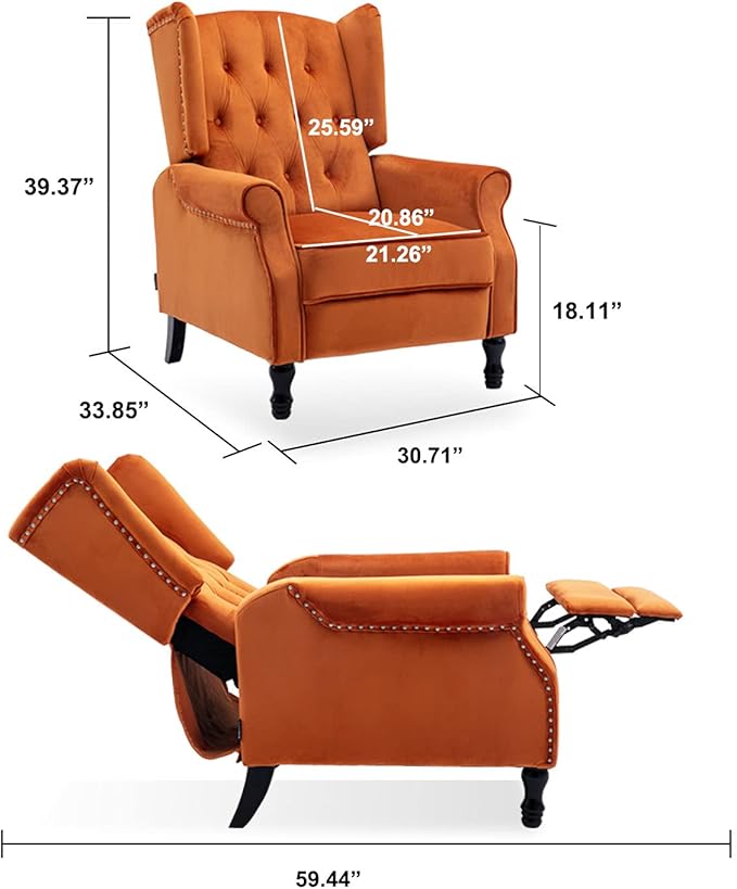 Velvet Accent Chair Push Back Recliner Chair Wingback Arm Chair for Living Room/Bedroom/Home Theater/Reception Area Caramel