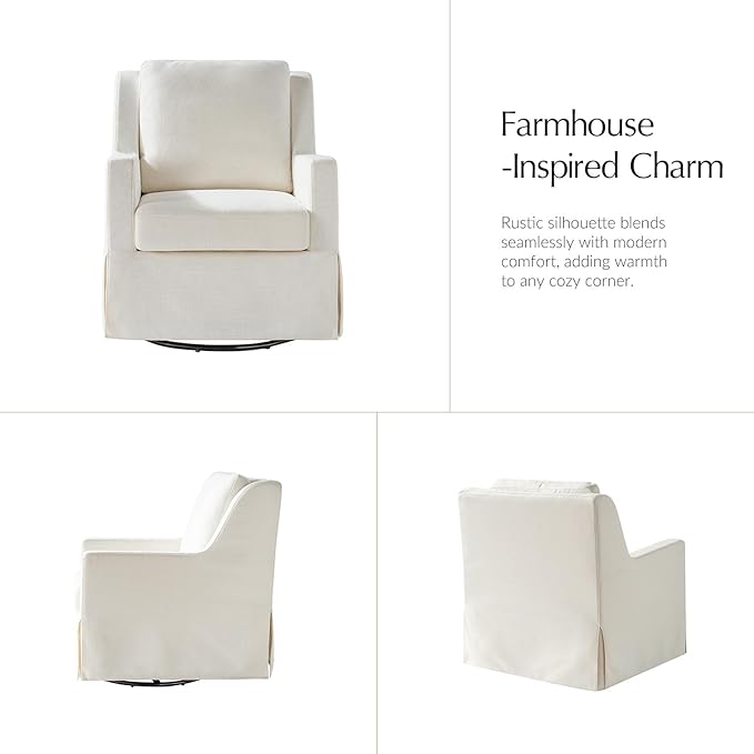 HULALA HOME Swivel Rocker Chair Farmhouse Swivel Rocking Accent Chair with Washable Slipcover Fabric Upholstered Barrel Armchair with Down Filled Cushions Ivory