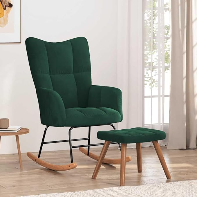 vidaXL Velvet Rocking Chair Set with Stool Dark Green- Modern Design Lounge Seating Furniture with Steel Frame &amp Wooden Rails