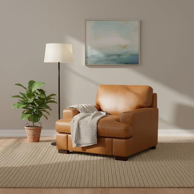 Siggy 400 LBS Capacity Genuine Leather Accent Chair – Goose Feather Cushion Filling for Cloud-Like Comfort Easy Assembly Tan Mid-Century Modern Single-Seat Sofa for Living Room