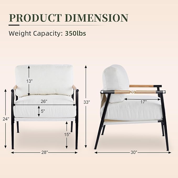Accent Chair Living Room Chair Set of 2 Mid Century Modern Armchair Comfy Reading Chair for Bedroom Upholstered Chenille Fabric Lounge Chair W/Plush Cushions Metal Frame and Wooden Armrest White