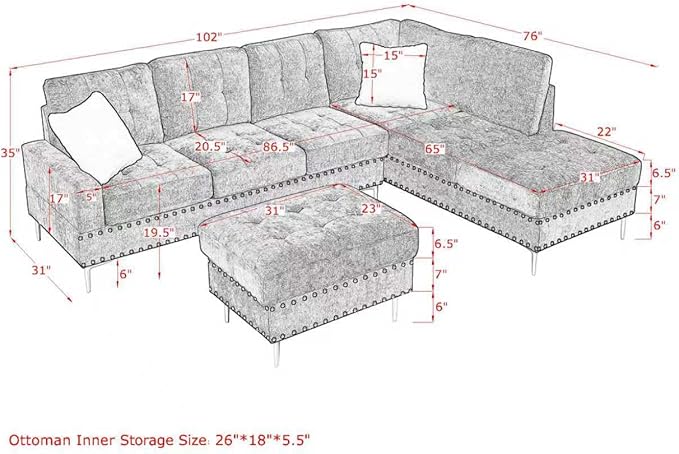 ERYE 102-Inch L-Shaped Corner Sectional Sofa Chenille Upholstered Tufted Corner Sofa Couch with Storage Ottoman and Nailhead DecorModern L-Shaped Convertible Couches