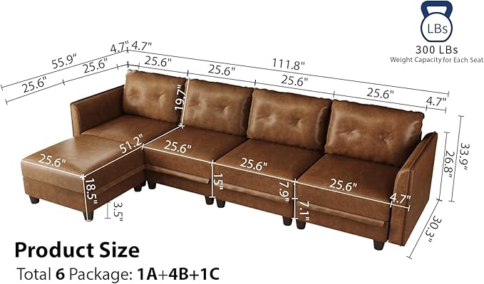 LLappuil Modular Sectional Sofa Convertible L Shaped Couch with Storage Faux Leather Fabric Waterproof Sectional Couch for Living Room 111.8 Width 5 Seat Modular Sofa Brown