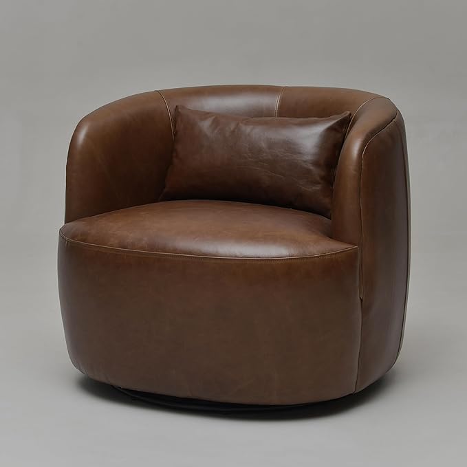 KINWELL 33''W 100% Top Grain Genuine Leather Swivel Barrel Armchair No Assembly Round Upholstered Leather Accent Chairs with Toss Pillow for Living Room Office Lounge (Dark Brown Genuine Leather)
