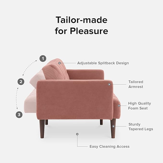 mopio Aaron 76.8 Couch Small Futon Sofa Bed Sleeper Loveseat Mid Century Modern Futon Couch Sofa Cama Couches for Living Room Bedroom (Old Rosa Velvet)