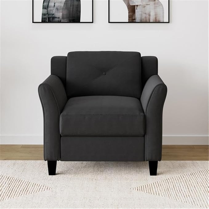 BOWERY HILL Transitional Accent Chair Black Microfiber Upholstery Curved Arms Tufted Back Cushions Solid Wood Frame and Legs 33.9 W x 31.5 D x 32.7 H Stylish Living Room or Lounge Seating
