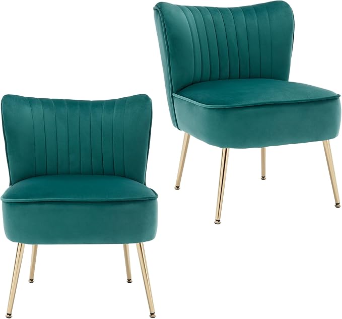 KCC Modern Velvet Upholstered Accent Chair Set of 2Mid Century Living Room Chairs with Golden LegsComfy Armless Chair Wingback Single Sofa Side Chair for BedroomDark Green