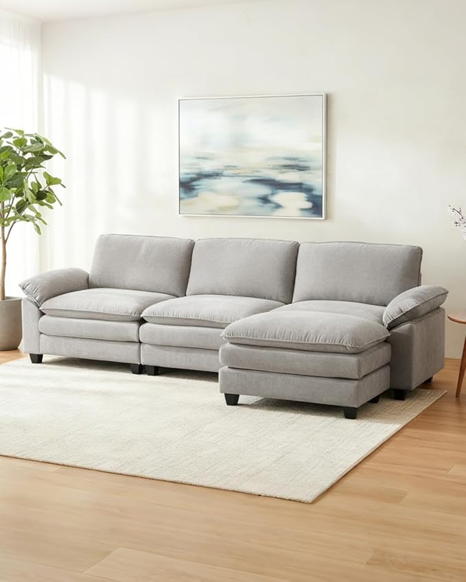 Karl home Sectional Sofa Modular Deep Seat Sofa Couch with Ottoman Chenille Sofa Sleeper Comfy Upholstered Furniture for Living Room Apartment Studio Office (3-Seat &amp 1-Ottoman Light Gray)
