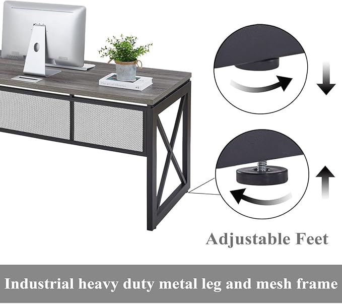 BON AUGURE Industrial Computer Desk Rustic Wood Desks for Home Office Sturdy Metal Writing Work Table (60 Inch Dark Grey Oak)