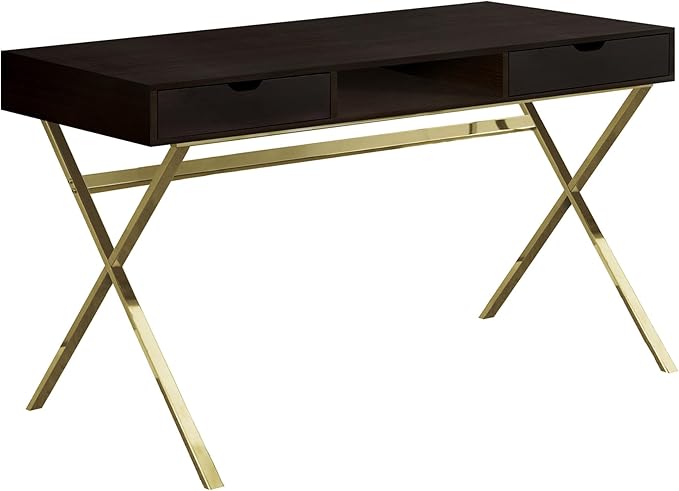 Brown &amp Gold Computer Desk with Drawers - Modern Home Office Workstation