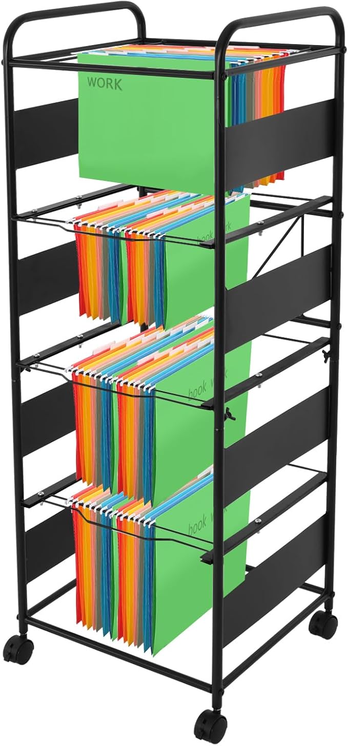 mignonnememe Rolling File Cart 4-Tier Rolling Cart Organizer Hanging Files Stand with Wheels Mobile Filing Cabinet for Office Home School Organization (Black)