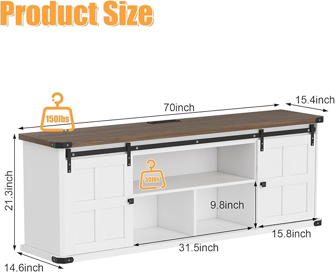 GAOMON 70 Farmhouse TV Stand for 80/75/70 Inch TVsEntertainment Center Storage Cabinets w/Power Outlets and Sliding Barn DoorRustic TV Stands for Living RoomMedia Console Cabinet (White+Brown)