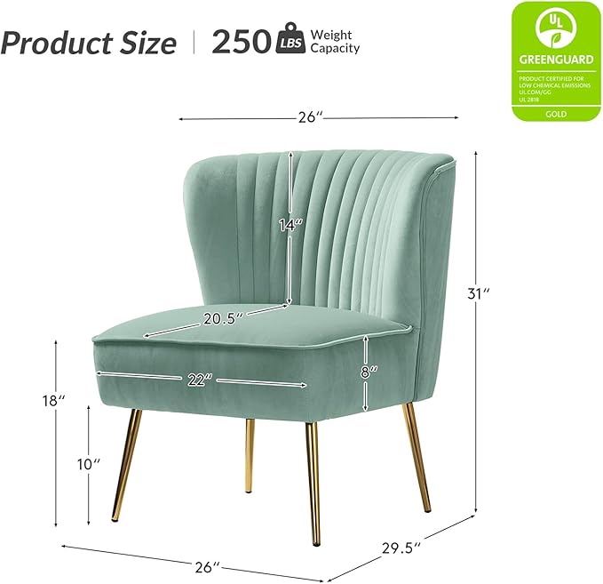HULALA Home Velvet Accent Chair Set of 2 Modern Armless Upholstered Side Chair with Glam Gold Metal Legs for Vanity Living Room Bedroom - SAGE
