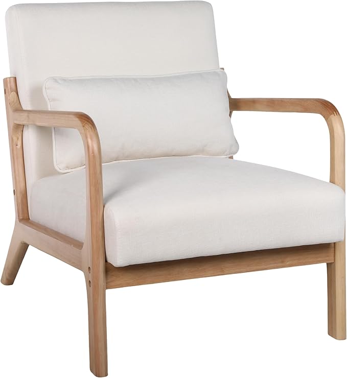 Mid-Century Modern Accent Armchair with Solid Rubberwood Frame Upholstered Lounge Chair with Detachable Lumbar Pillow for Living Room Bedroom &amp Office Upholstered Armchair for Girls Boys.