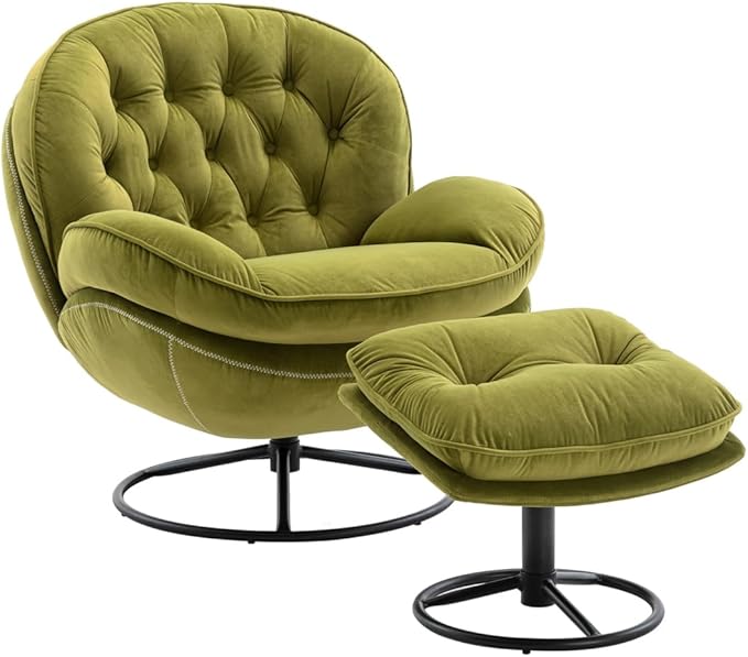 i-POOK Velvet Swivel Chair with Matching Swivel Ottoman Modern Upholstered Accent Chair with Round Black Metal Base and Backrest for Bedroom Living Room and Apartment Fruit Green