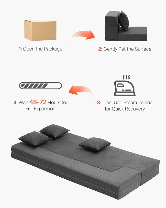 VEVOR Folding Sofa Bed 3-in-1 Foldable Couch Bed with 3 Pillows and Washable Cover 25D High Density Memory Foam Convertible Sleeper Chair Bed Futon Couch Dark Grey(Twin XL)