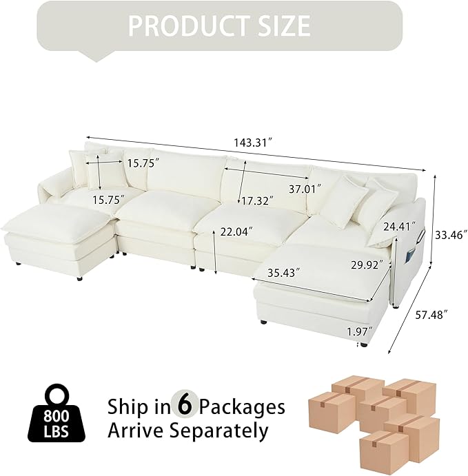 144 Modular Sectional SofaU-Shaped Chenille Sofa Couch with Movable OttomanModern 6 Seat Cloud Sectional Couches for Living Room Office Home (Beige 144 U-6 Seater)