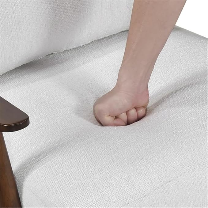Pemberly Row Mid-Century Textured Fabric Accent Chair Beige Upholstery Rubberwood Frame Foam Padding Reversible Cushions Tapered Legs Versatile Living Room or Bedroom Seating