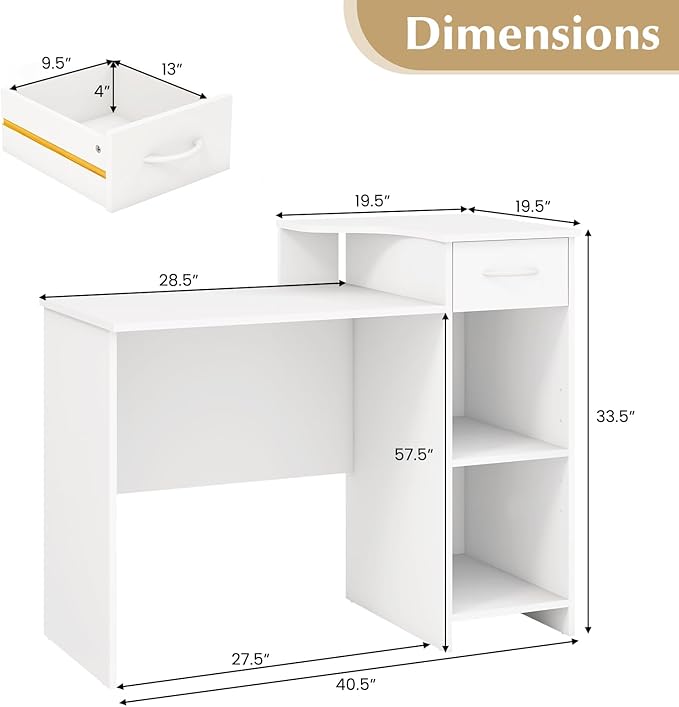 COSTWAY Computer Desk with Printer Shelf Modern PC Workstation with Storage Drawer and CPU Stand 40.5” Writing Desk with Cable Hole for Home Office/Dorms/Apartments White