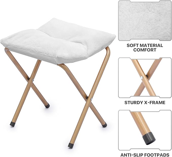 MoNiBloom Square Folding Faux Fur Saucer Chair for Bedroom Living Room Dorm Foldable Metal Frame Oversized Large Comfy Furry Padded Soft Cozy Moon Chair with Footrest Ottoman for Adults (White 2 Set)
