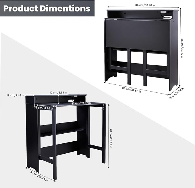 Folding Desk with Charging StationFold Out Desk with Monitor StandStorage ShelfSmall Foldable Computer Desk for Compact Home Office Spaces (Black)