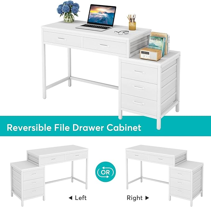 Tribesigns Computer Desk with 5 Drawers Home Office Desks with Reversible Drawer Cabinet Printer Stand Industrial PC Desk with Storage White Study Writing Table Workstation for Small Spaces