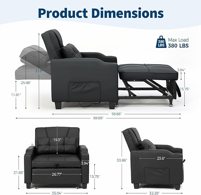 Sleeper Chair Pull Out Bed 4 in 1 Convertible Sofa Chair Bed with Vibration Massage Lumbar Pillow Single Sofa Recliner with USB/Type-C Port Cup Holders and Side Pocket for Small Spaces (Black)
