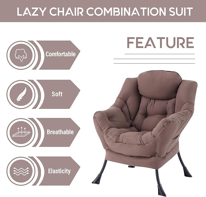 LITA Lazy Chair with Armrests and Side Pocket Modern Upholstered Accent Reading Chair for Living Room Bedroom Dorm Small Spaces Single Dark Brown