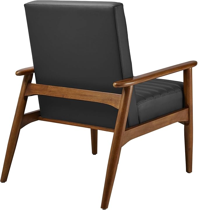 Modway Jensen Vegan Leather Accent Chair in Walnut Black - Mid-Century Modern Armchair with Solid Wood Legs &amp Armrest - Upholstered Faux Leather Single Side Chair - Reading Chair for Living Room