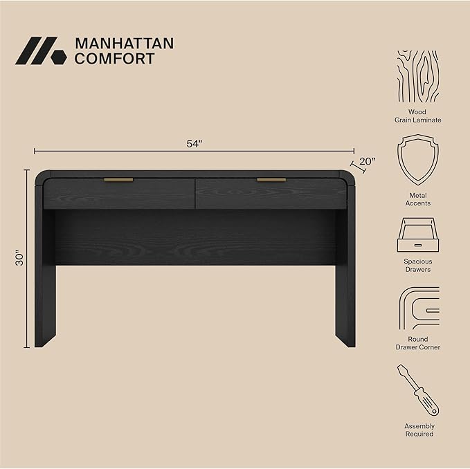 Manhattan Comfort Grace 54 Modern Office Desk with 2 Drawers Wood Table with Metal Recessed Handles for Work from Home Study Craft Stylish Executive Desk Black and Gold