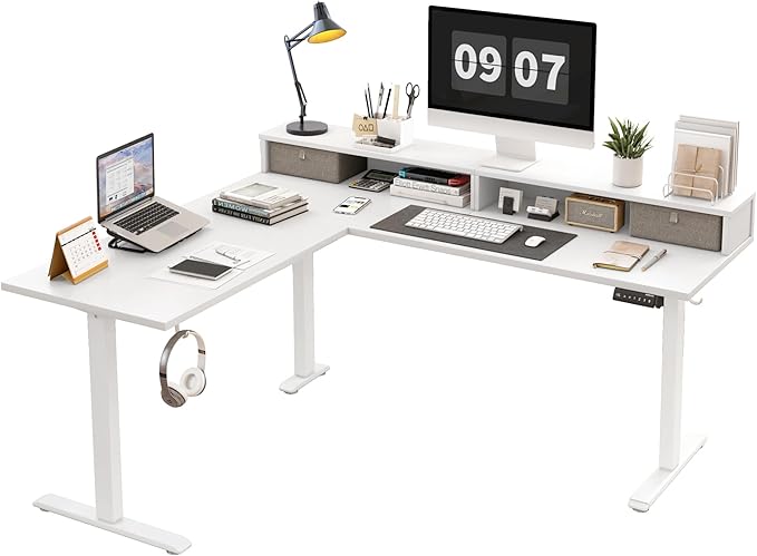 Agilestic L Shaped Electric Standing Desk with 2 Drawers 63 Inch Ergonomic Adjustable Height Desk with Storage Corner Desk Sit Stand up Computer Table for Work Office Home White