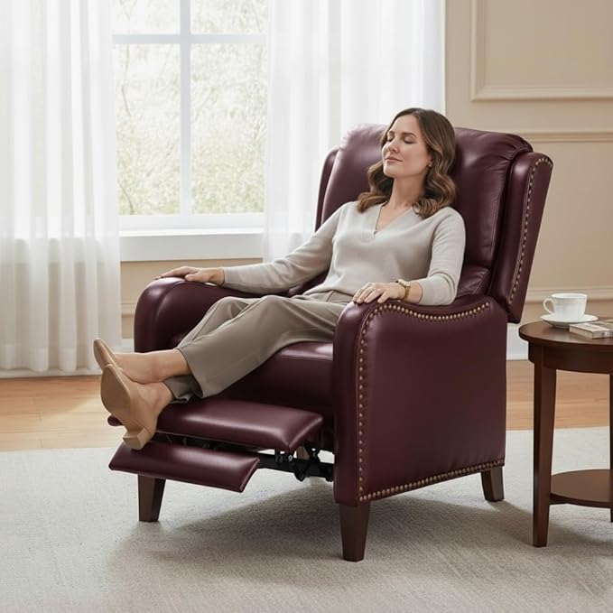 HULALA HOME Genuine Leather Recliner Chair Modern Push Back Recliner Armchair with Thick Seat Backrest &amp Footrest Nailhead Decor for Living Room Bedroom Burgundy