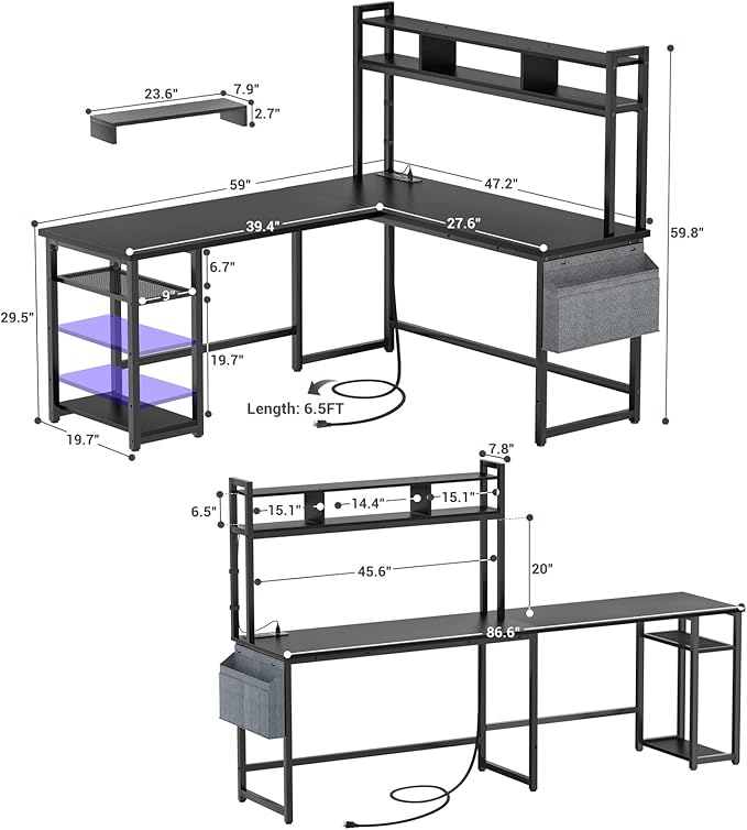 Aheaplus L Shaped Desk with Power Outlet &amp LED Strip Reversible L-Shaped Corner Computer Desks Gaming Desk with Storage Shelf &amp Monitor Stand Modern 2 Person Home Office Desk Writing Desk