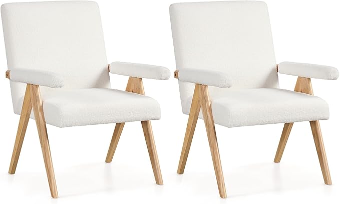 GOFLAME Mid-Century Modern Accent Chair Set of 2 Sherpa Fabric Armchair with Solid Rubberwood Frame Padded Seat &amp Armrests Upholstered Reading Chair Leisure Chair for Living Room Bedroom