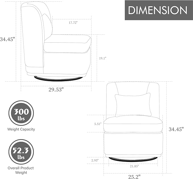 Modern Swivel Accent Chair 25.2 Wide Chenille Upholstered Armless Sofa Chair with Pillow 360° Swivel Reading Chair with Metal Base for Living Room Family Room Bedroom Lounge Area Office Pale Green
