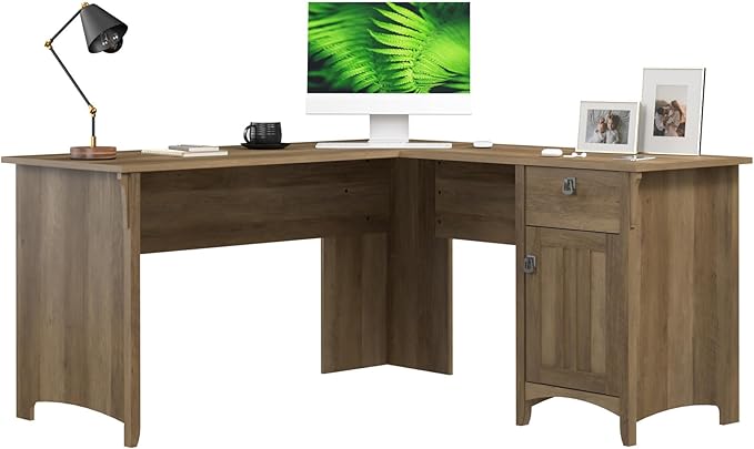 Bush Home L Shaped Desk with Storage for Home Office Modern Farmhouse Corner Table with Drawers and Cabinets Salinas Collection Reclaimed Pine