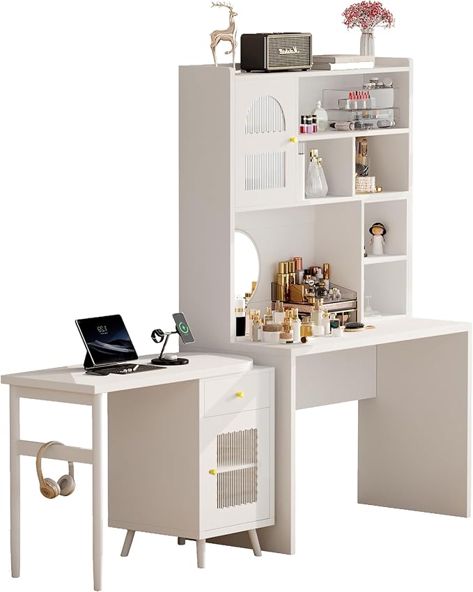 L Shaped Home Office Desks with 90° Rotating Retractable Desktop Glass Door Hutch Drawers Bookshelf &amp Storage Shelves 43 Modern Gaming Computer Corner Table for Work Study Writing White