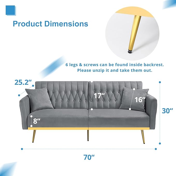 2 Pieces Velvet Sofa Set with Adjustable Armrest and Backrest 70” Convertible Futon Sofa Bed &amp Mordern Accent Chair with Ottoman for Living Room Bedroom Grey